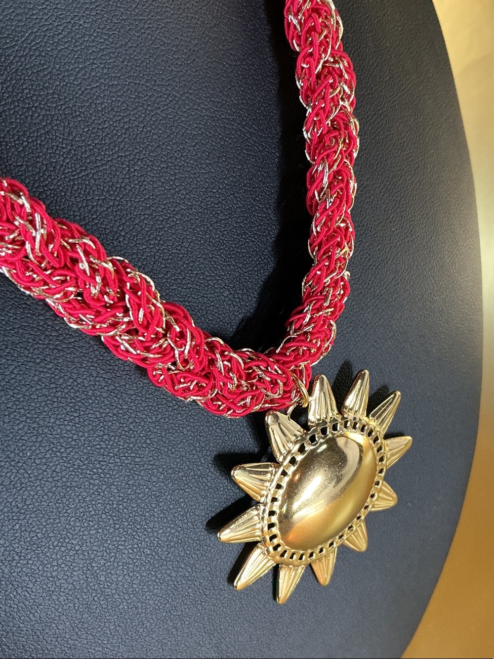 Braided Red Rope Necklace with Gold Sun Pendant by Mayamar